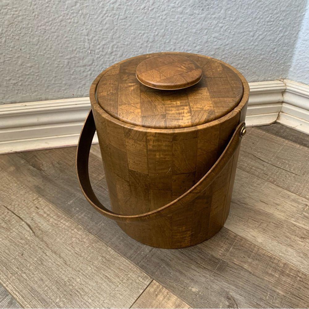 Vintage Wood Ice Bucket with Handle – Mid Century Modern Barware MCM rustic